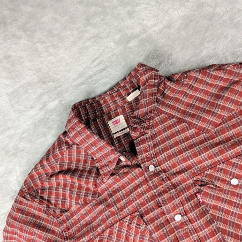 Levis Mens Large Red Plaid Pearl Snap Western Shirt Long Sleeve Standard Fit